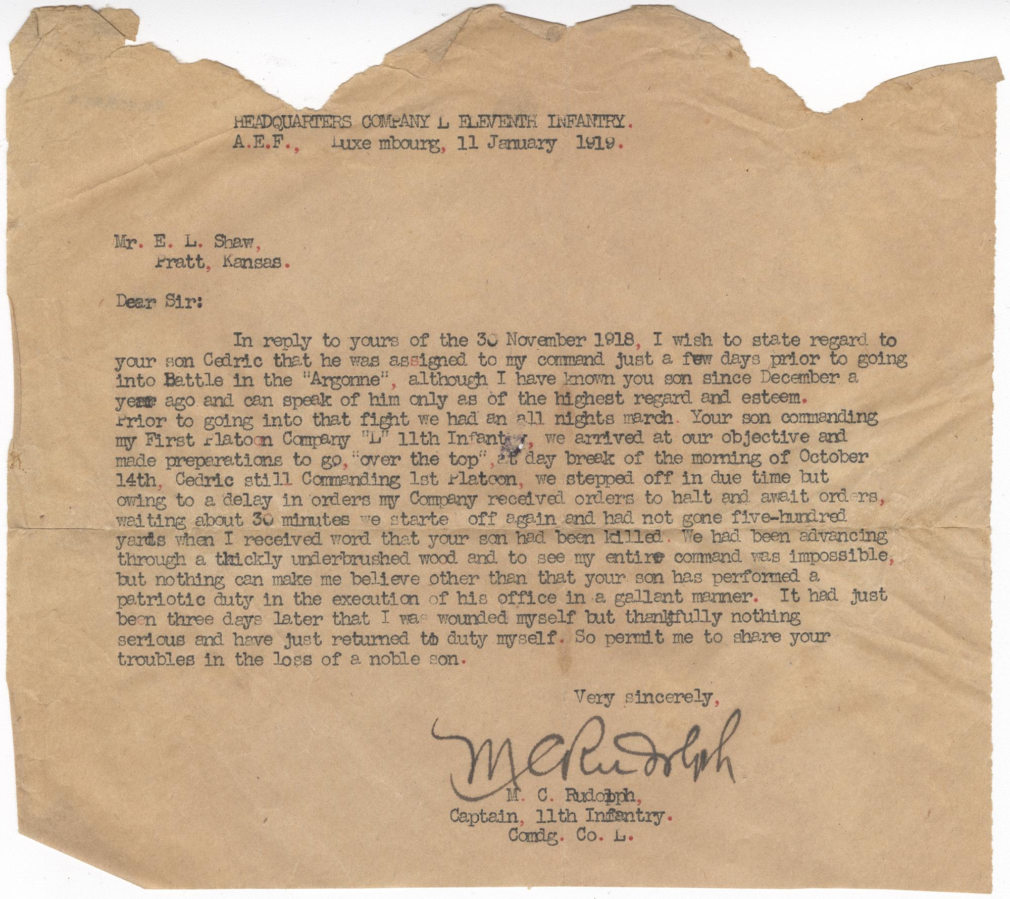 Typed letter with worn edges and black text.